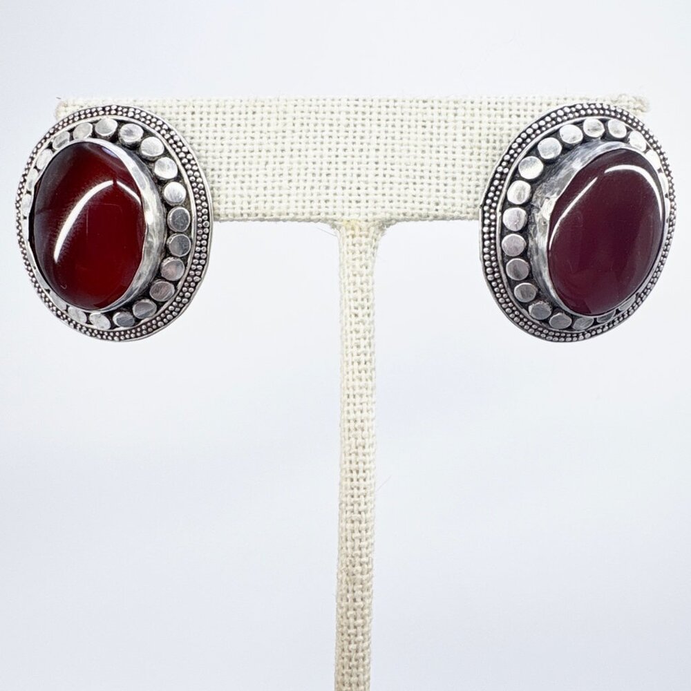 Carnelian Bezel Set Stud Earrings VTG 925 Sterling Silver Size 1" Length